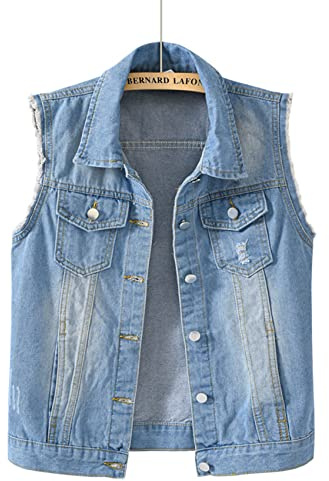 NLAVW Gilet en Jean Femme Gilet en Jean Grande Taille 5XL-6XL Veste Courte sans Manches Gilet Vintage Jean Gilet Cardigan déchiré Femme,Chrome,M