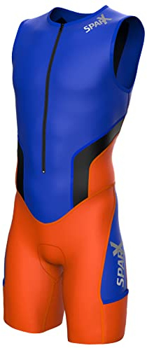 Sparx Men Competitor Triathlon Suit Mens Trisuits | Italian Technical Fabric | Soft Chamois | 4 Pockets | Bike-Swim-Run (Orange/Blue, 2XL)