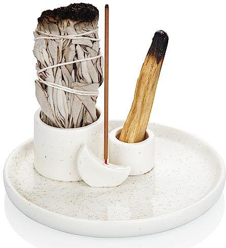 ZenBless 4 in 1 Incense Burner Holder, Palo Santo Holder, Sage Holder for Burning, Incense Holder for Sticks, Candle Holder, 5.9 inches Ceramic Ash Catcher Tray for Meditation Yoga Room(White)