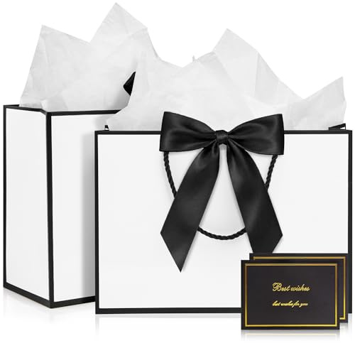 Eitolo Medium Gift Bags, 2pcs Present Bags with 4 Wrappers and 2 Cards, Paper Gifts Bags Shopping Bags with Handles for Women Men Birthday Valentines Wedding Party Bags (White-Black) 20 x 10 x 28 cm
