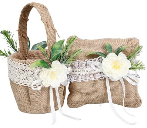 Vintage Hochzeit Blumenkorb mit Ringkissen, kleine Ringbox für Mädchen mit Blumen, 2 Stück für Hochzeit Party Dekoration