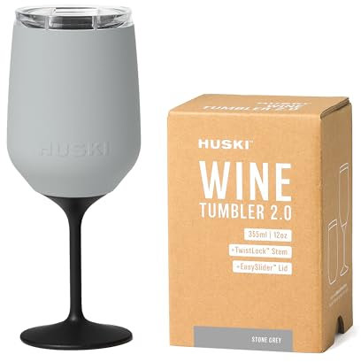 Huski Gobelet à Vin 2.0 | NOUVEAU | Design Primé avec Pied Détachable | Verre à Vin en Acier Inoxydable Premium avec Couvercle | Tasse Isotherme Triple Paroi | Capacité de 355 ml (Gris Pierre)