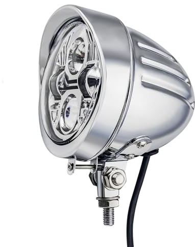 FATECIM 4.5 Bullet Round Motorcycle LED Headlight with Visor 4 1/2 Inch Motorbike Hi/Lo Beam Headlamp Bottom Mount Heavy Duty for Harley Kawasaki Honda Yamaha Suzuki Chopper Cafe Racer Bobber Chrome