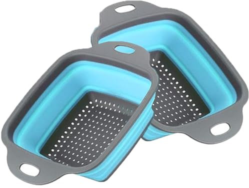 katmerio Faltbarer Seiher Sieb Set,2 Stück Küche Silikon Klappbar Abtropfsieb Nudelsieb, Küchensieb Abwaschschüssel von Nudeln, Obst, Gemüse (Blue)