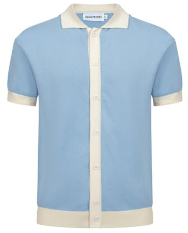 OXKNIT Polo Homme Manches Courtes Style Vintage Décontracté des Années 1960 avec Boutons Classiques Bleu Polo Shirt