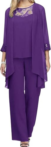 Conjunto de Fiesta de Tres Piezas de Color sólido para Mujer Elegante con Top de Manga 3/4 Pantalones Anchos y de Talla Grande y un Conjunto de Boda Nupcial (Púrpura,XL)