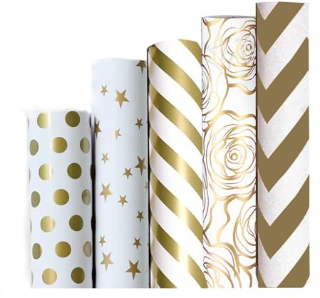 Aikeis Lot de 5 rouleaux de papier cadeau - 50 cm x 70 cm - Design blanc et doré - Parfait pour les anniversaires et les fêtes