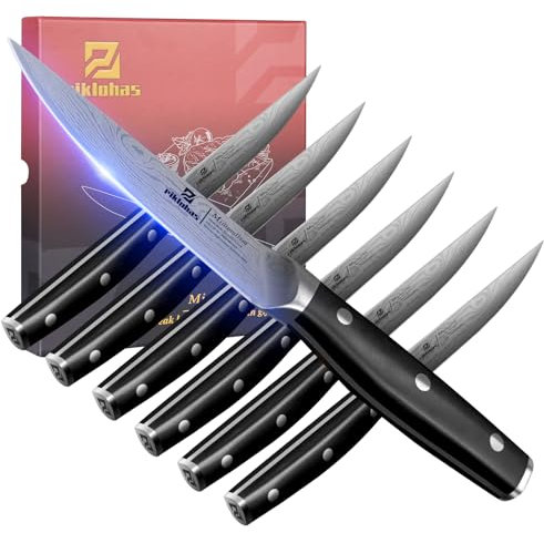 Piklohas Steakmesser Set 6 Teilig, 4.5 Zoll Glattklingen Dinnermesser, Geschmiedete Deutsche Stahl Damastmuster-Geradekanten-Fleischmesser mit Durchgehendem Griff, Ideal als Geschenk