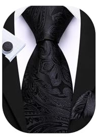 Barry.Wang Black Funeral Tie Mens Paisley Silk Necktie Pocket Square Cufflinks Set Wedding Party