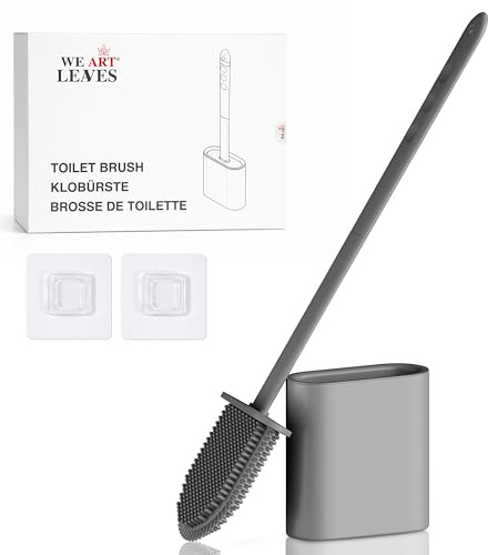 Escobillas de inodoro y soportes de silicona, paquete de 1 mango largo antideslizante, cerdas flexibles para una fácil limpieza, base moderna sin goteo, juego de cepillo de baño gris duradero con
