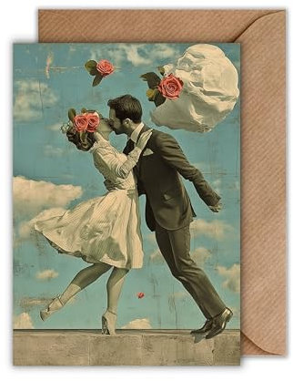 WBdesignz Hochzeitskarte „Love in the Air“ – Künstlerische Grußkarte mit Collage-Motiv eines verliebten Paares – Vintage-inspirierte Karte - Hochzeit, Verlobung oder Jahrestag – mit Umschlag (DIN A6)