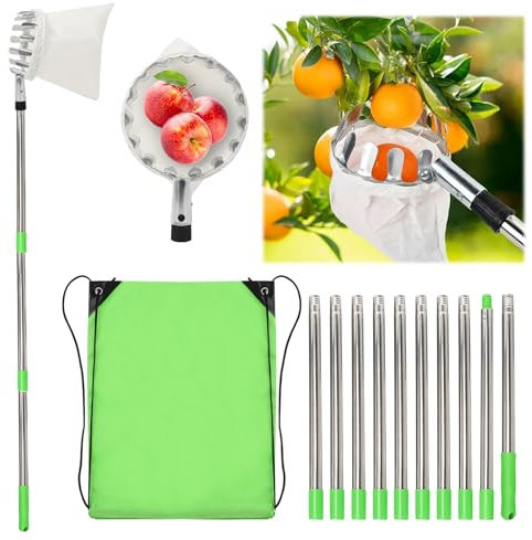 4m Recogedor de Frutas Telescopico, Diámetro de 16 cm, Recogedor de Cerezas con Bolsa de Algodón, Recogedor de Frutas de Acero Inoxidable, Cesta Recogedora de Manzanas para Peras Cerezas Ciruelas