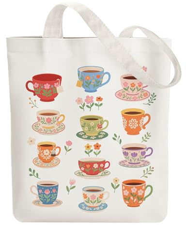 ANATTASOUL Borsa di Tela Shopper Donna Canvas Tote Bag Aesthetic Borse in Tela Cotone Borse Stoffa per la Scuola Lavoro Shopping Riutilizzabili Spesa（Tazze Da Tè Stampate）