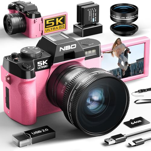NBD Appareil Photo 5K 64MP, Autofocus, Zoom Numérique 16X, Rose