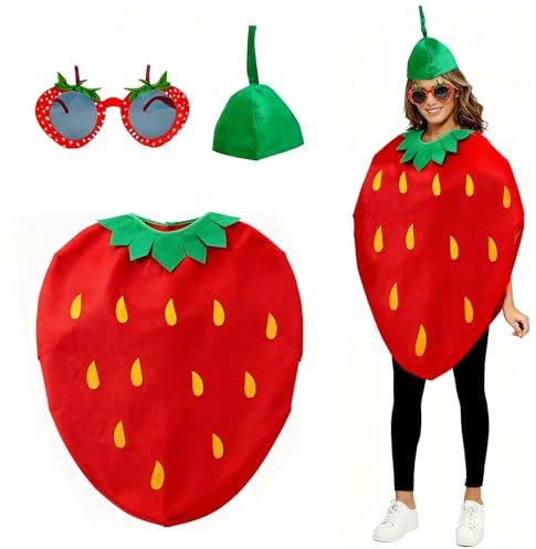 CHUANFU Disfraz de Fresa con Gafas y Sombrero, Traje de Frutas Fresas, Divertido Disfraz Fruta para Halloween, Carnavales, Fiestas Temáticas y Representaciones Teatrales