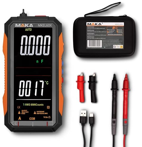 MAKA Digitales Multimeter Pro 6000counts - USB-C aufladbar - True RMS - Miss Spannung, Strom, Kapazität, Kontinuität, Widerstand, Frequenz, NCV und Temperatur - Cat III 600V