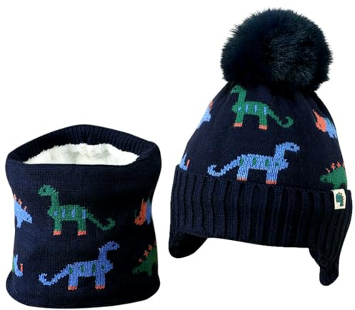 NimblusToy Dinosauro Cappello e Scaldacollo Bambino, Dinosauro Bambini Cappello a Maglia Sciarpa, Cappello Neonato Invernale, con Pompon e Paraorecchie Caldo e Confortevole，per Bambini da 2 a 5 anni