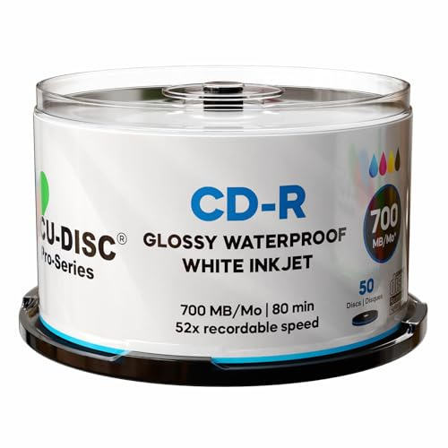 Acu-Disc Glossy Waterproof White Inkjet CD-R 52x – 700MB/80min Blank CD Recordable Media – Hub Printable – High-Gloss Waterproof Inkjet Printable Discs (50)