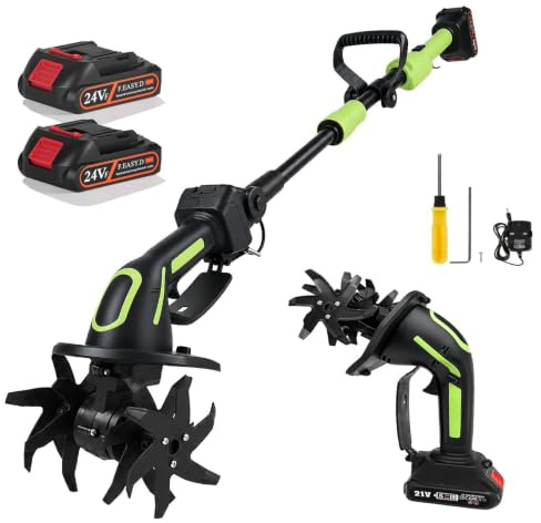 Zappatrice da Giardino 21V a Batteria–Motozappa Elettrica con 2x3000mAh, 4 Lame in Metallo 65Mn, Larghezza e Profondità di Lavoro 10 cm, 235 giri/min–Per Dissodare, Arieggiare e Compostare