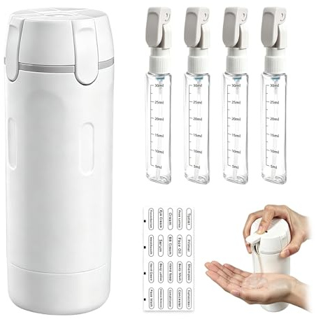 4-i-1 resedispenserset, påfyllningsbara reseflaskor läckagesäker, bärbar, med skala och etikett, bärbara vätskedispenser för schampo, balsam, lotion, kräm, resor, gym