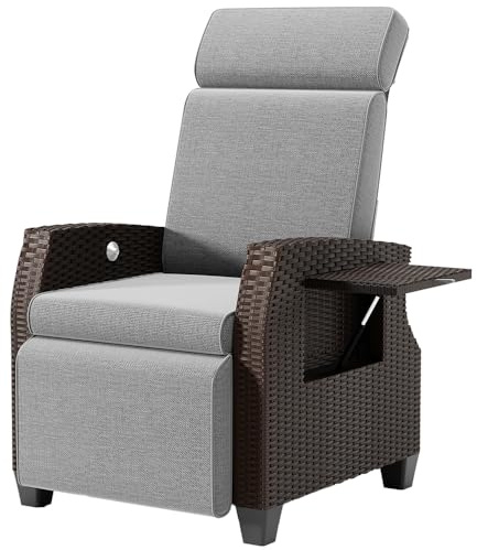 ONKBOITE Chaise Longue, Fauteuil Relaxant Ergonomique en Rotin, Dossier Réglable et Blocable dans Toute Position, avec Housse Antipoussière, pour Intérieur, Balcon et Jardin (Brun Noir + Gris)