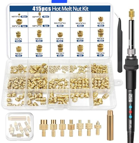 VTSHENY 415 Piezas Kit Insertos Roscados, M2/M2.5/M3/M4/M5/M6/M8 | Soldador Control de Temperatura Digital, Cobre puro Insertos de Tuercas para Componentes de Impresión 3D y Piezas de Plástic