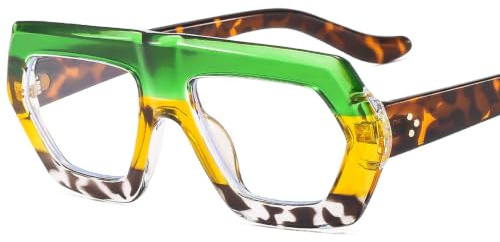 Modesolglasögon Helbågade glasögonbågar for kvinnor | Geometriska falska glasögon Moderna lätta PC-glasögonbågar Lätt att bära(GREEN+YELLOW)