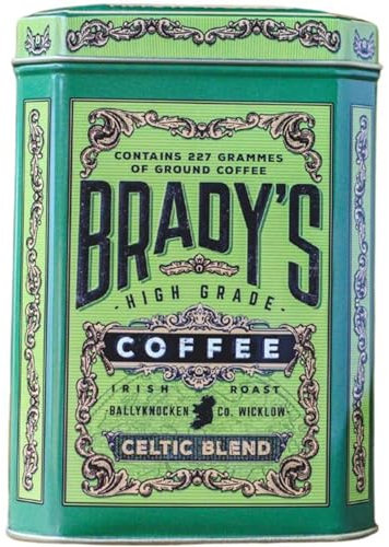 Brady’s Celtic Blend Dark Roast Ground Coffee for Cafetiere, Pour Over or Drip Filter - 100% Arabica Brazilian and Colombian Coffee Beans with Notes of Dark Chocolate, Nuts, and Caramel, 227g Tin