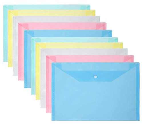 Vicloon Dokumententasche A4, 10 Stücke A4 Datei Taschen mit Druckknopf, Sichttasche Durchsichti Kunststoff, für Lernmaterialien, Bürodokument, Kosmetika, Schreibwaren und Reisezubehör