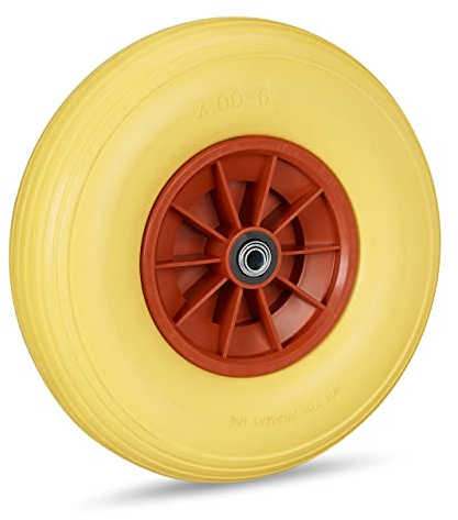 Relaxdays skottkärra hjul 4,00–6, gummihjul med plastspårare anti-läckage reservhjul 100 kg i gul-röd