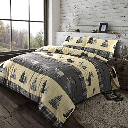 L S U XMAS Stag Tartan Thermal Flannel Duvet Cover Set Brushed Cotton All British Size (Grey, Single)