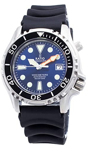 RATIO FreeDiver Helium Safe Dive Watch Stainless Steel Automatic Diver Watch 1000M Water Resistant Diving Watch for Men (Blue)
