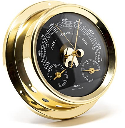 Fischer 1508BTH-45.6 – maritime Wetterstation – 125mm Barometer, schwarzes Ziffernblatt, Messing-Gehäuse Made in Germany