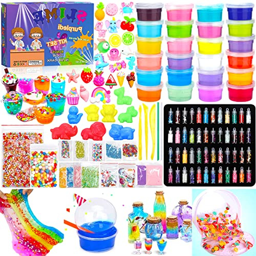 Purpledi DIY Slime Kit Mee Set, gör slem själv med 24 färger kristall, glitterslem, slem charms glitterpulver och mer för hantverk gåva till barn