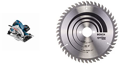 Bosch Professional Handkreissäge GKS 65 GCE (1800 Watt, Sägeblatt-Ø: 190 mm, im Karton) + Kreissägeblatt Optiline Wood (für Holz, 190 x 30 x 2,6 mm, 48 Zähne, Zubehör Kreissäge)
