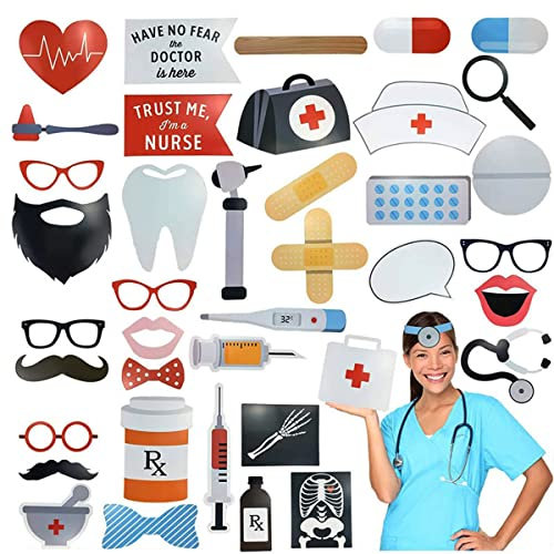40-teiliges Foto-Requisiten-Set für Fotoshootings, Ärzte, Krankenschwestern, Zahnarzt, Krankenhauszubehör, Foto-Requisiten mit Holzstäben für Erwachsene und Kinder, DIY-Geschenke, Mottoparty, Feier