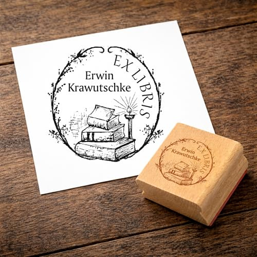 Personlig Exlibris-stämpel, Ø 49 mm, trästämpel, bok med graverad gummiplatta, bokstämpel med namn, gåva till läsarmattor och bokälskare