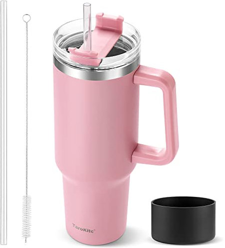 TaroKitc 1.18 l / 40 oz Thermobecher mit Griff und Strohhalm, Doppelwandige Edelstahl-Vakuum-Isolierflasche mit Deckel und Strohhalm, Reisekaffeebecher für Heiß-/Kaltgetränke