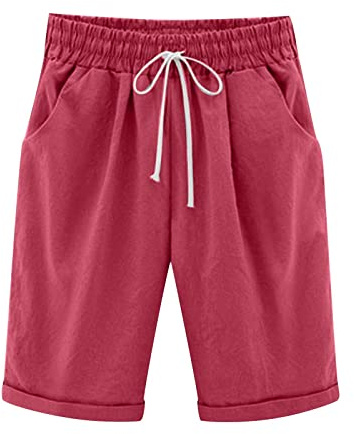 oglccg Half Pants Plus Size Knee Length Cotton Linen Shorts with Pockets Summer Solid Beach Vacation Shorts Straight Leg Trousers Drawstring Elastic Waist Bermuda Shorts Work Shorts Red, 4XL