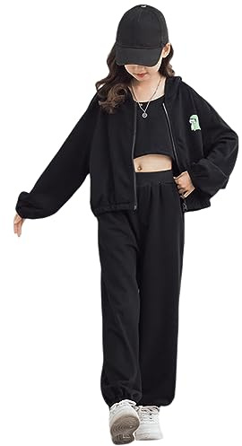 YFPICO Enfant Fille Survêtement Ensemble 3 Pièce Vêtement de Jogging Sweat-shirt et Pantalon de Sport Costume Joggers Automne Sportwear, Noir, 12-13 ans