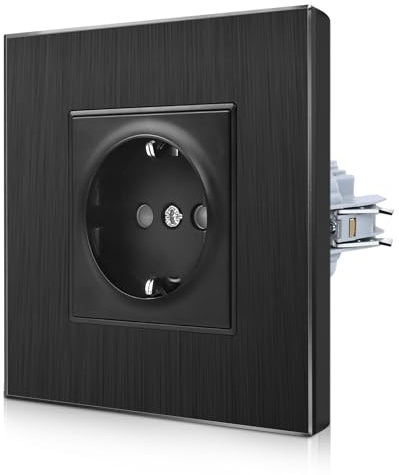 CNBINGO Aluminium Steckdose mit Spannkrallen - Schwarz Einfach Schuko Steckdose Unterputz - Schutzkontakt Einbau Wandsteckdose mit Rahmen aus Aluminium- 1 Fach