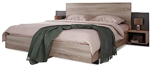 Doppelbett Bettanlage mit 2 Nachtkommoden, 160 x 200 cm - Holzbett Schlafzimmer Komplett-Set in Eiche Sonoma/Dunkelgrau Modernes Bett- 205.5x235x76.5 cm(T/B/H)