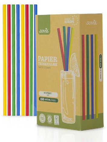 Sovie Lot de 150 pailles en papier multicolores, sans plastique, certifiées FSC, fabriquées en UE, biodégradables, dans un carton, diamètre : 8 mm, longueur : 23 cm