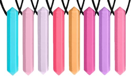 Pencil Sensory Necklace 8 Set - Best for Kids or Adults that Like Biting or Have Autism - Perfectly Textured Silicone Chew Necklace - Chewing Pendant for Boys & Girls