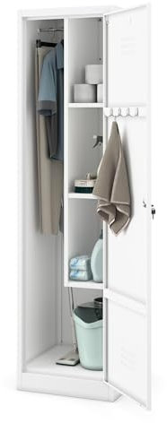 Jan Nowak Besenschrank Haushaltsschrank Metall - Agnes | 50 x 185 x 50 cm | Mehrzweckschrank Weiß mit Regale und Kleiderstange | Schloss, Belüftung | Putzschrank Schmal 50 cm Breit | Weiß