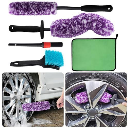 KLeXiC 5 Pack Car Wheel and Tire Cleaner Brushes Kit Auto Motorcycle Rim Ultra Soft Microfiber No Spatter Bendable Woolies Bristle Cleaning Set (Purple & White)