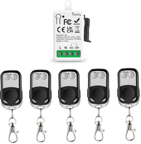 EunnacoTop Telecomando interruttore luce ricevitore relè senza fili 1 Canali 220V 230V 433 MHz RF con 5 trasmettitore,modalità interruttore on/off lampada per Luci/Ventilatore/Apriporta