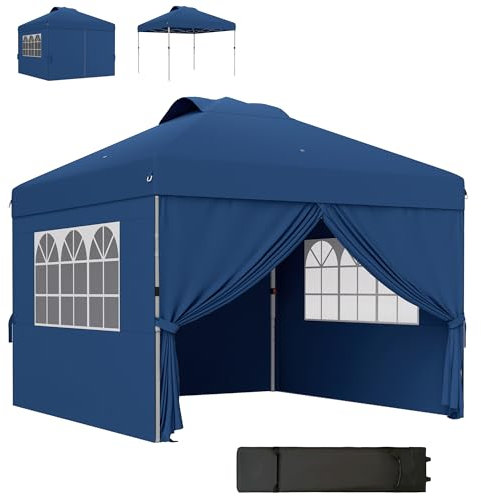 Outsunny Tonnelle de Jardin Pliante Tente de réception Pop-up 3 x 3 Hauteur réglable avec parois latérales, aérations, fenêtres et Sac de Transport à roulettes Tissu Oxford - Bleu foncé