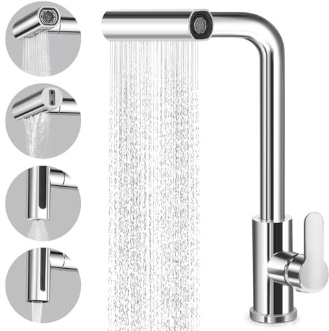 Virklyee Rubinetto a cascata da cucina estraibile Miscelatore da cucina con doccetta, Rubinetto cucina,Girevole a 360°,con 4 Tipi di Spruzzo,Calda e Fredda Regolabile(Argento)