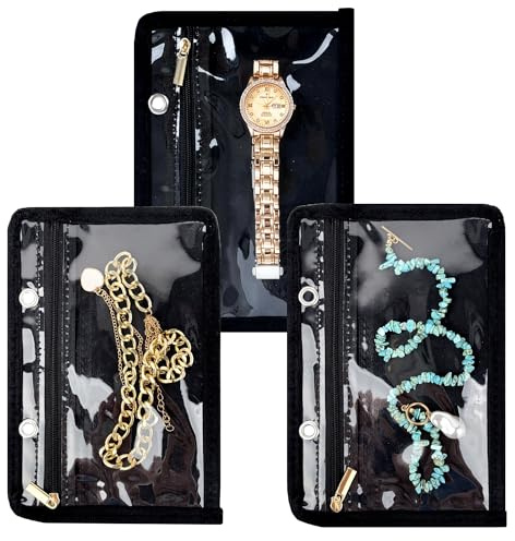 LingLingo Travel Jewelry Organizer Case,Small Jewelry Bags Jewelry Storage Book Ring Binder with Clear Zipper Velvet Pouch for Traveling (Inner Pages,Black,3 PCS,Large)